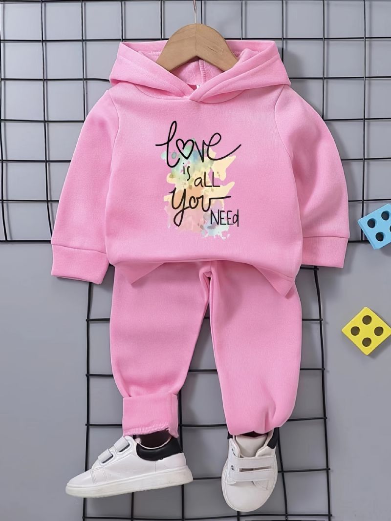 Baby Jenter Colorful Letters Love Fleece Langermet Hettegenser Sweatshirt Buksesett