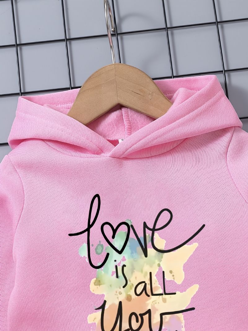 Baby Jenter Colorful Letters Love Fleece Langermet Hettegenser Sweatshirt Buksesett