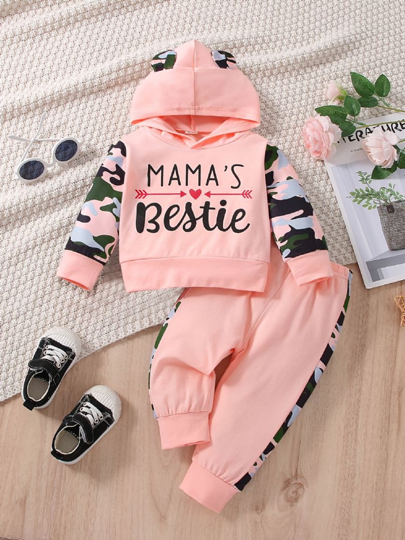 Baby Jenter Cute Camouflage Letter Print Hettegenser Og Bukser Sett Til Vinter Rosa