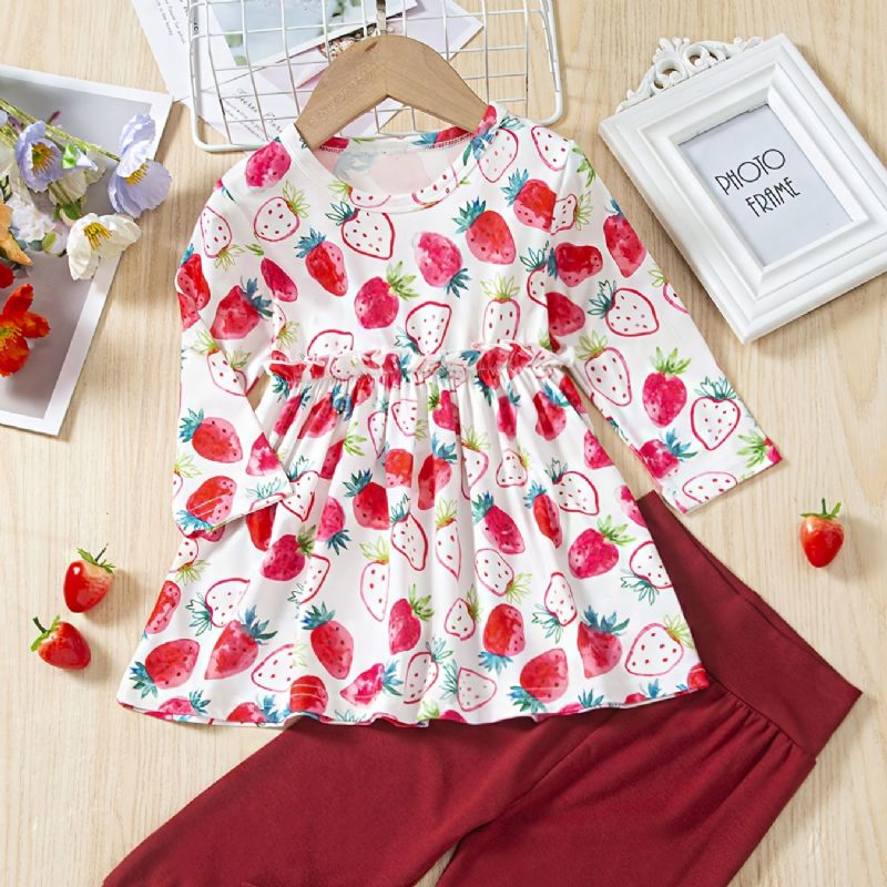 Baby Jenter Dress Strawberry Print Langermet Topp & Ensfarget Buksesett Barneklær