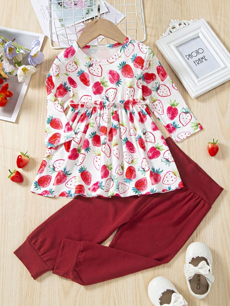 Baby Jenter Dress Strawberry Print Langermet Topp & Ensfarget Buksesett Barneklær