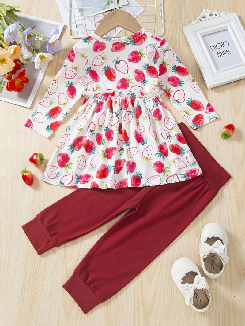 Baby Jenter Dress Strawberry Print Langermet Topp & Ensfarget Buksesett Barneklær