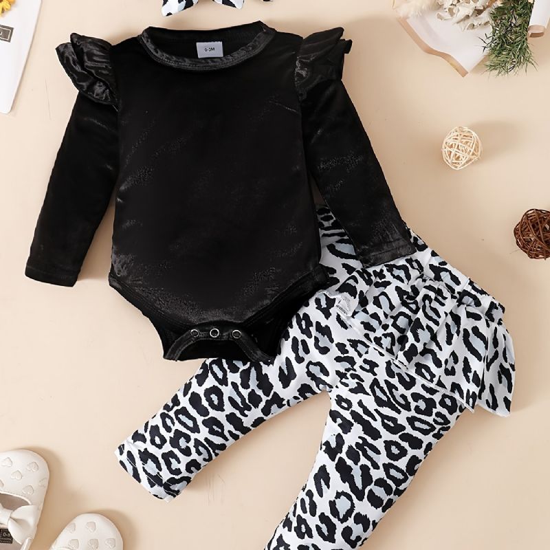 Baby Jenter Fleece Onesie Romper Leopard Print Bukser Sett For Høst / Vinter