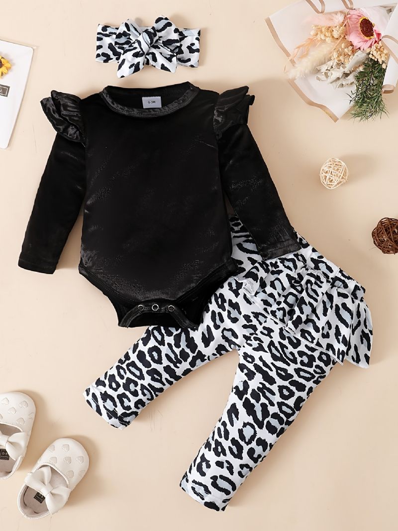 Baby Jenter Fleece Onesie Romper Leopard Print Bukser Sett For Høst / Vinter