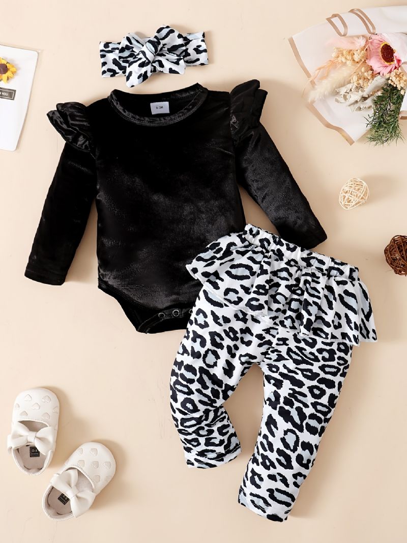 Baby Jenter Fleece Onesie Romper Leopard Print Bukser Sett For Høst / Vinter