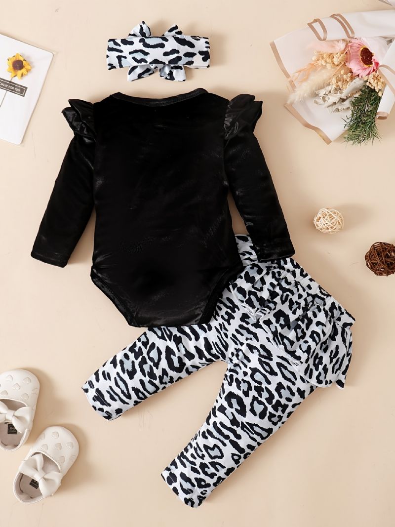 Baby Jenter Fleece Onesie Romper Leopard Print Bukser Sett For Høst / Vinter