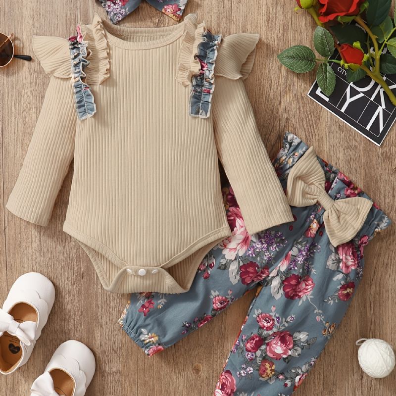 Baby Jenter Floral Bodysuit & Bukser & Pannebånd 3stk / Sett