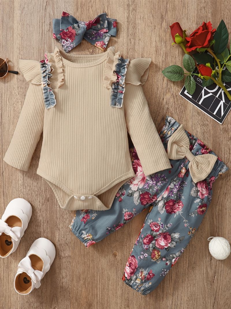 Baby Jenter Floral Bodysuit & Bukser & Pannebånd 3stk / Sett