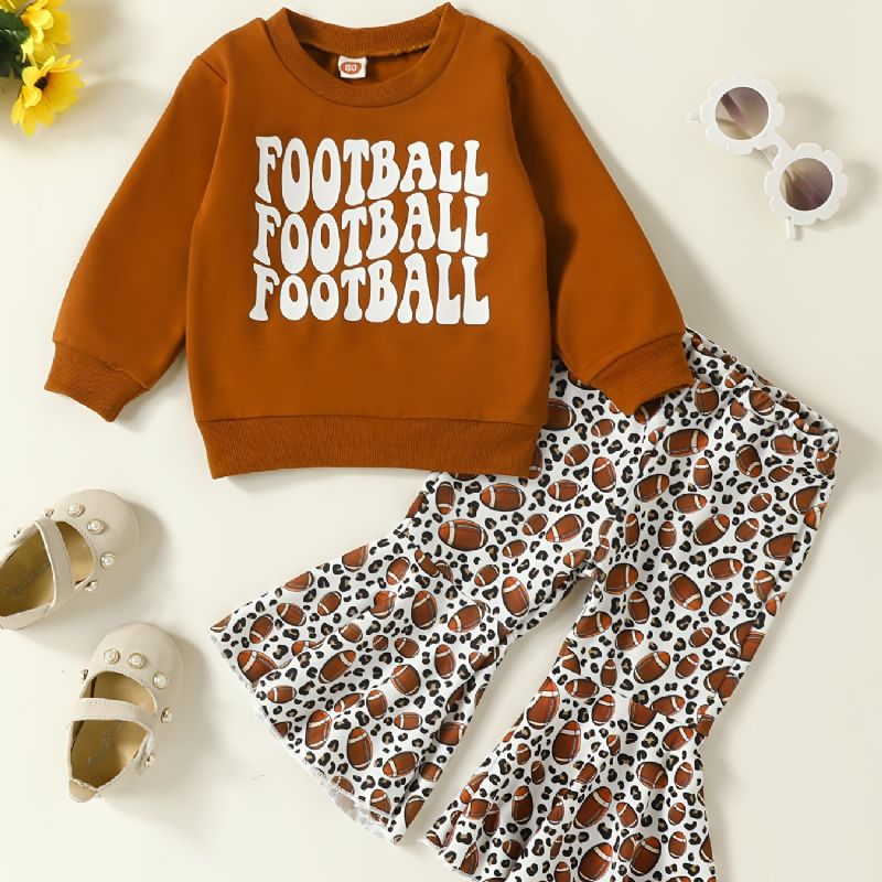 Baby Jenter Football Letter Print Pullover Sweatshirt & Flare Leg Pants Set Barneklær