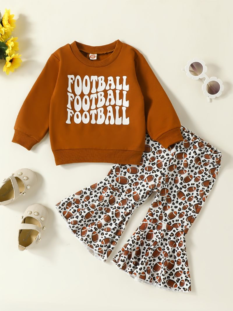 Baby Jenter Football Letter Print Pullover Sweatshirt & Flare Leg Pants Set Barneklær