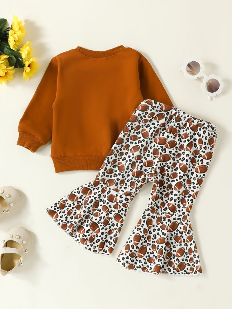 Baby Jenter Football Letter Print Pullover Sweatshirt & Flare Leg Pants Set Barneklær