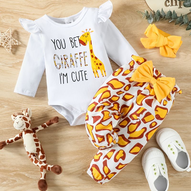 Baby Jenter Girafftrykk Romper Med Volanger + Buksesett Bodysuit Onesie Babyklær