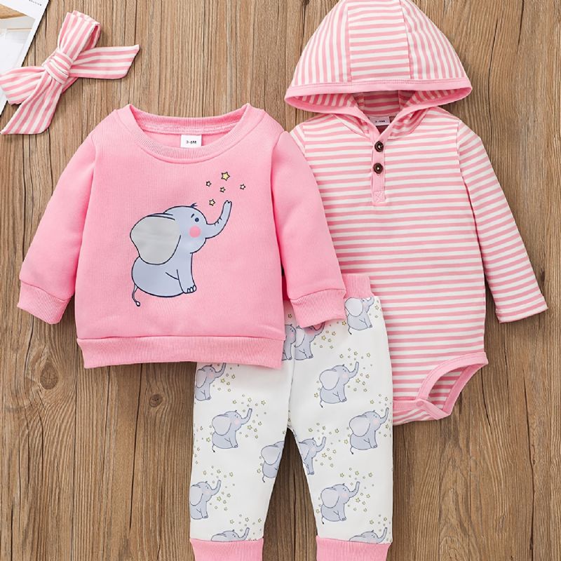 Baby Jenter Hette Bodysuit & Elephant Print Bukser & Sweatshirt Set For Fall Winter New