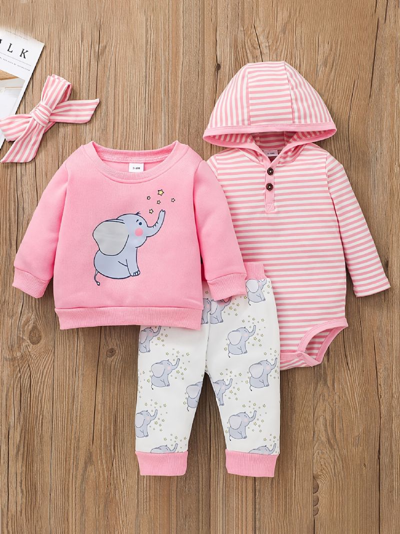 Baby Jenter Hette Bodysuit & Elephant Print Bukser & Sweatshirt Set For Fall Winter New