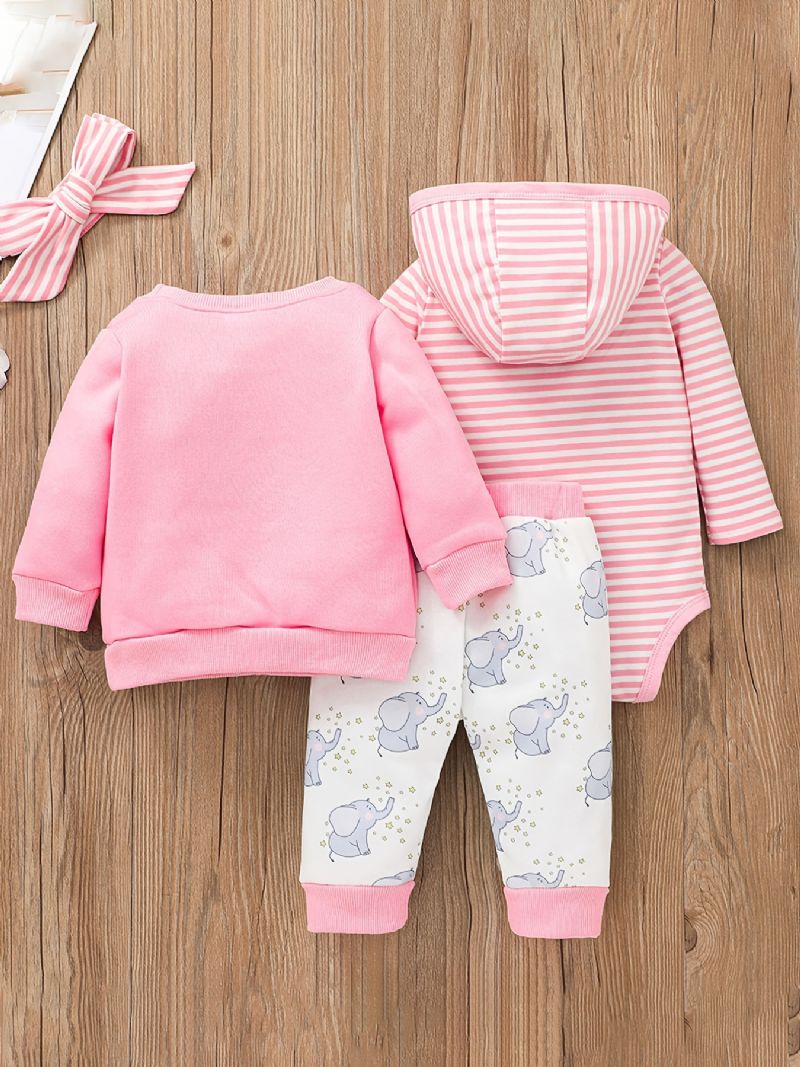 Baby Jenter Hette Bodysuit & Elephant Print Bukser & Sweatshirt Set For Fall Winter New