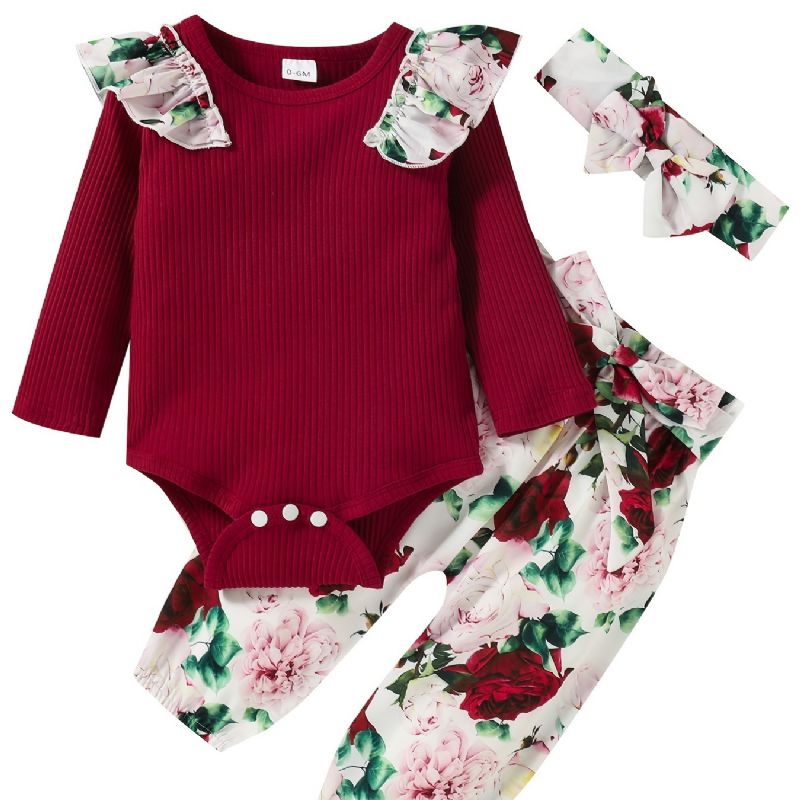 Baby Jenter Langermet Antrekk Rund Hals Ribbete Ruffle Bodysuits Rulle + Blomsterprint Bukser Dress + Pannebånd Sett Spedbarn Klær