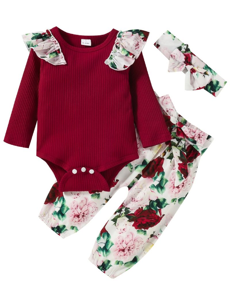 Baby Jenter Langermet Antrekk Rund Hals Ribbete Ruffle Bodysuits Rulle + Blomsterprint Bukser Dress + Pannebånd Sett Spedbarn Klær