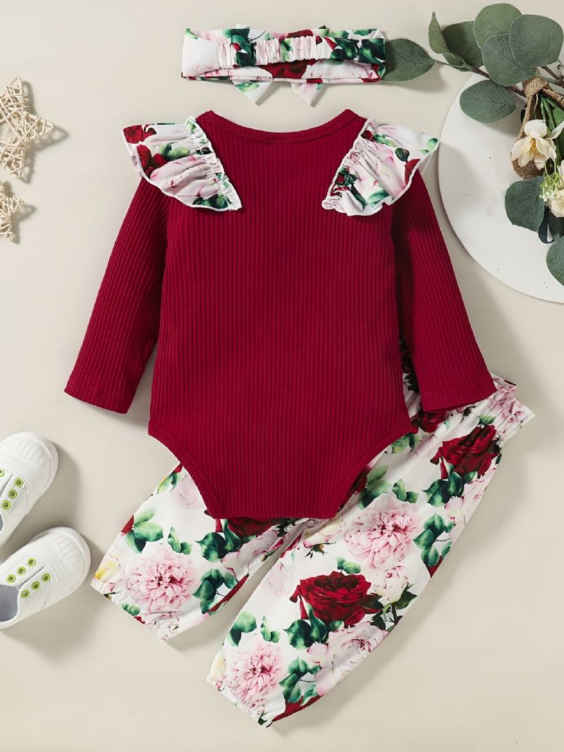 Baby Jenter Langermet Antrekk Rund Hals Ribbete Ruffle Bodysuits Rulle + Blomsterprint Bukser Dress + Pannebånd Sett Spedbarn Klær