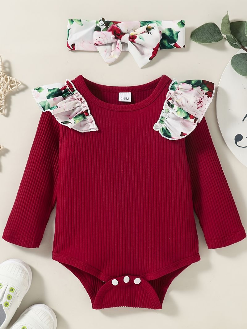 Baby Jenter Langermet Antrekk Rund Hals Ribbete Ruffle Bodysuits Rulle + Blomsterprint Bukser Dress + Pannebånd Sett Spedbarn Klær