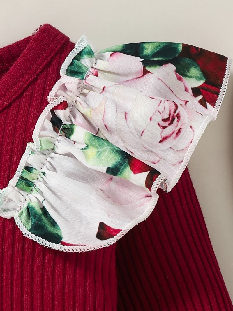 Baby Jenter Langermet Antrekk Rund Hals Ribbete Ruffle Bodysuits Rulle + Blomsterprint Bukser Dress + Pannebånd Sett Spedbarn Klær