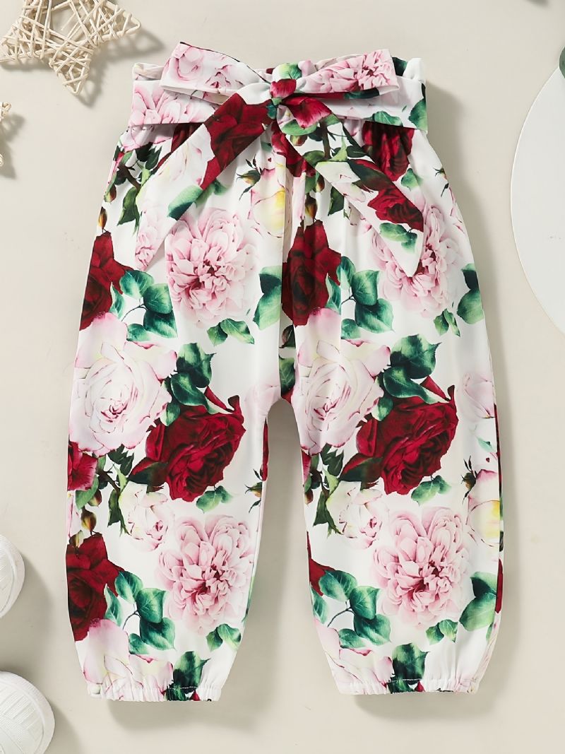 Baby Jenter Langermet Antrekk Rund Hals Ribbete Ruffle Bodysuits Rulle + Blomsterprint Bukser Dress + Pannebånd Sett Spedbarn Klær