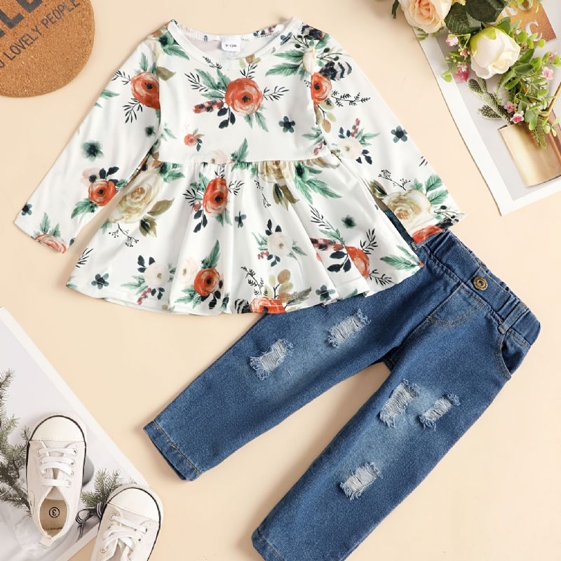 Baby Jenter Langermet Blomsterprint Topp Og Matchende Jeanssett