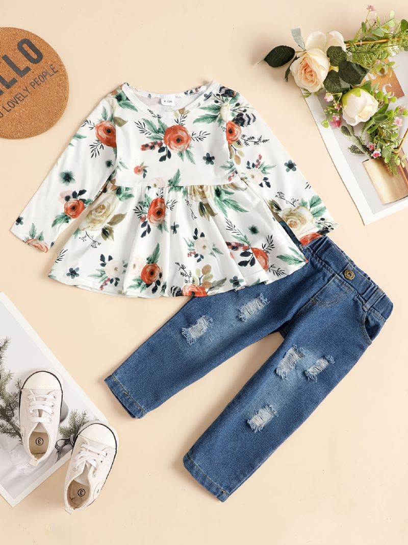 Baby Jenter Langermet Blomsterprint Topp Og Matchende Jeanssett