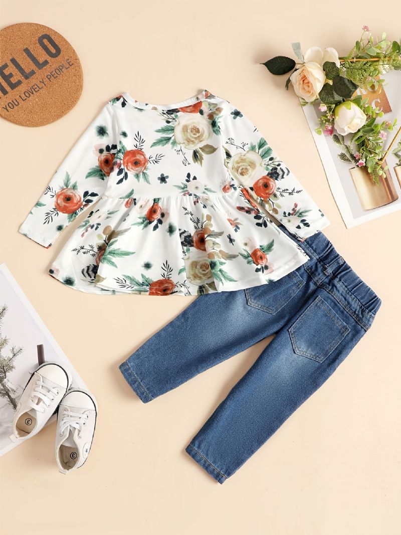 Baby Jenter Langermet Blomsterprint Topp Og Matchende Jeanssett