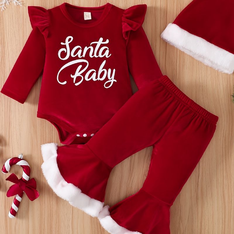 Baby Jenter Langermet Bodysuit & Flared Bukser & Hat Set Newborn Set For Christmas Babyklær