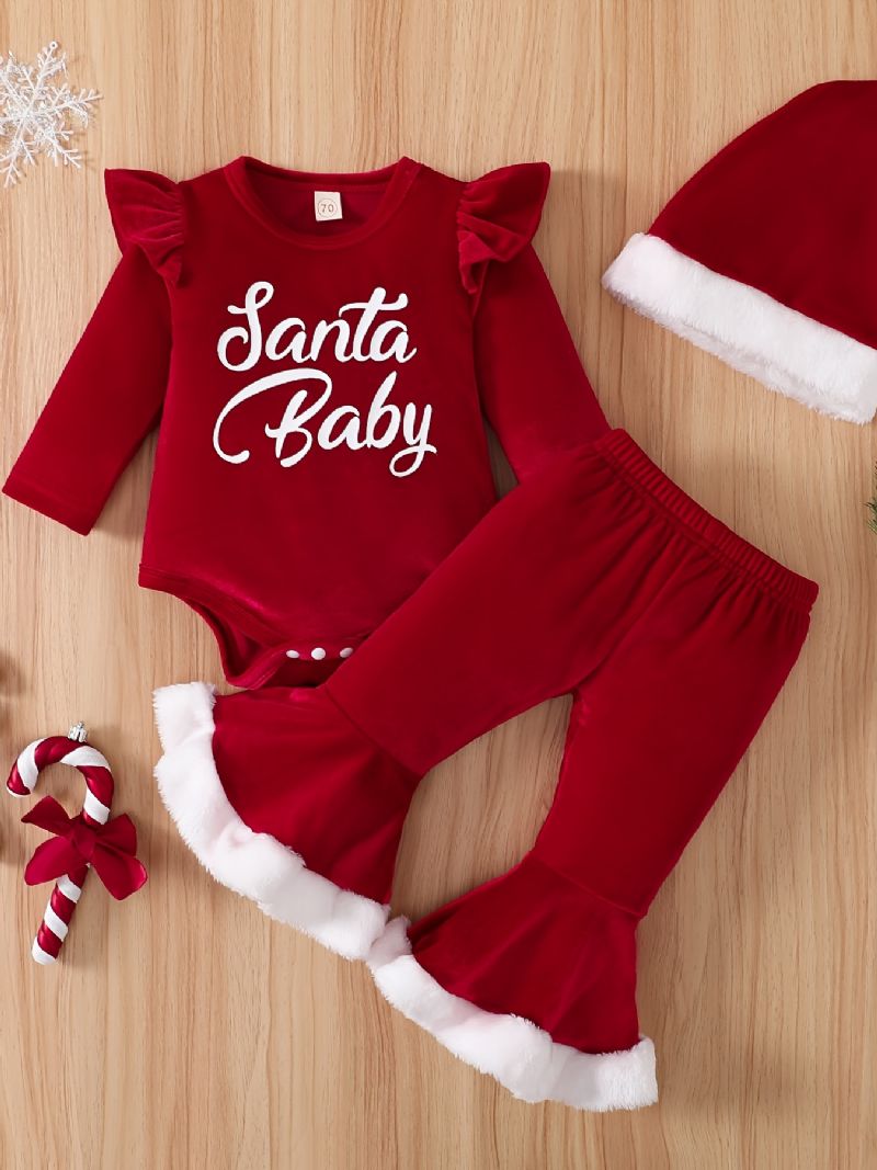 Baby Jenter Langermet Bodysuit & Flared Bukser & Hat Set Newborn Set For Christmas Babyklær