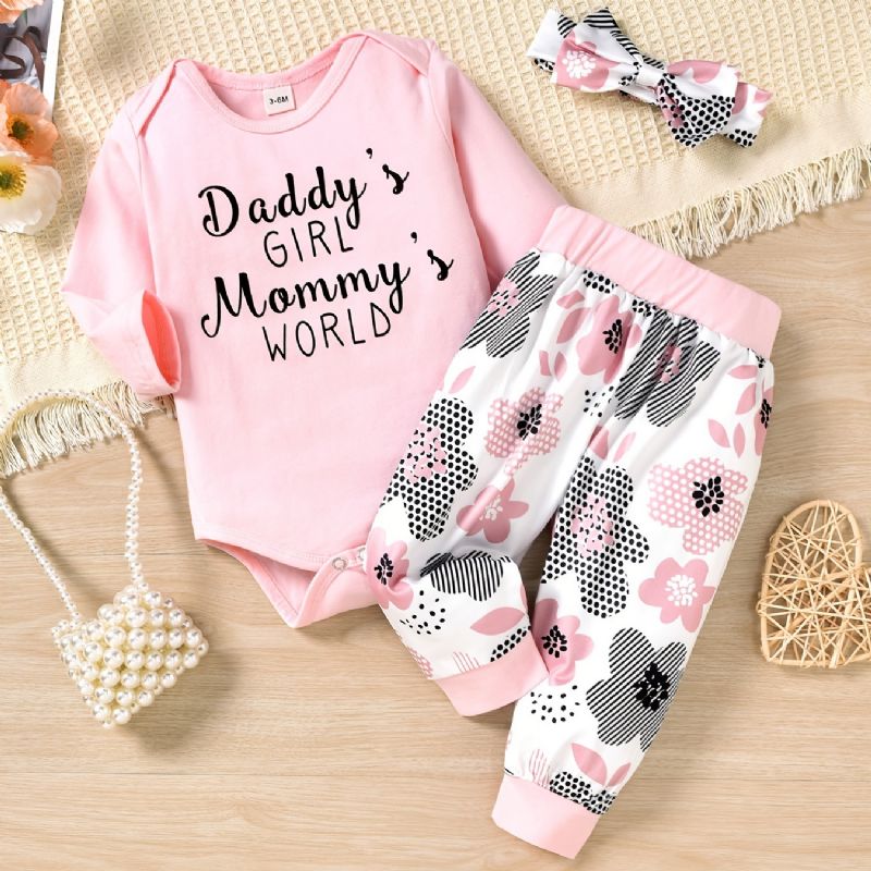 Baby Jenter Langermet Bodysuit Onesie & Blomsterprint Bukser Og Pannebåndsett