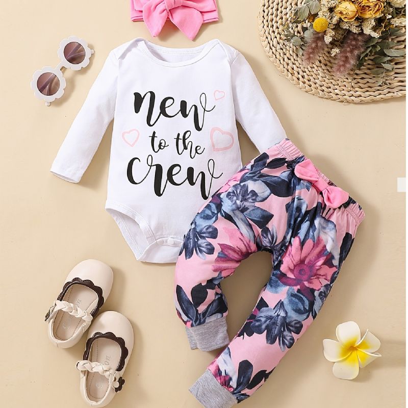 Baby Jenter Langermet Bodysuit Onesie & Blomsterprint Bukser Og Pannebåndsett