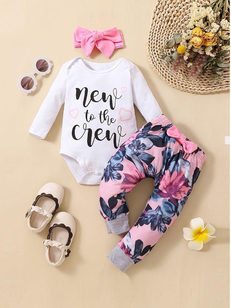 Baby Jenter Langermet Bodysuit Onesie & Blomsterprint Bukser Og Pannebåndsett