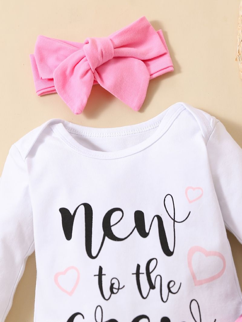 Baby Jenter Langermet Bodysuit Onesie & Blomsterprint Bukser Og Pannebåndsett