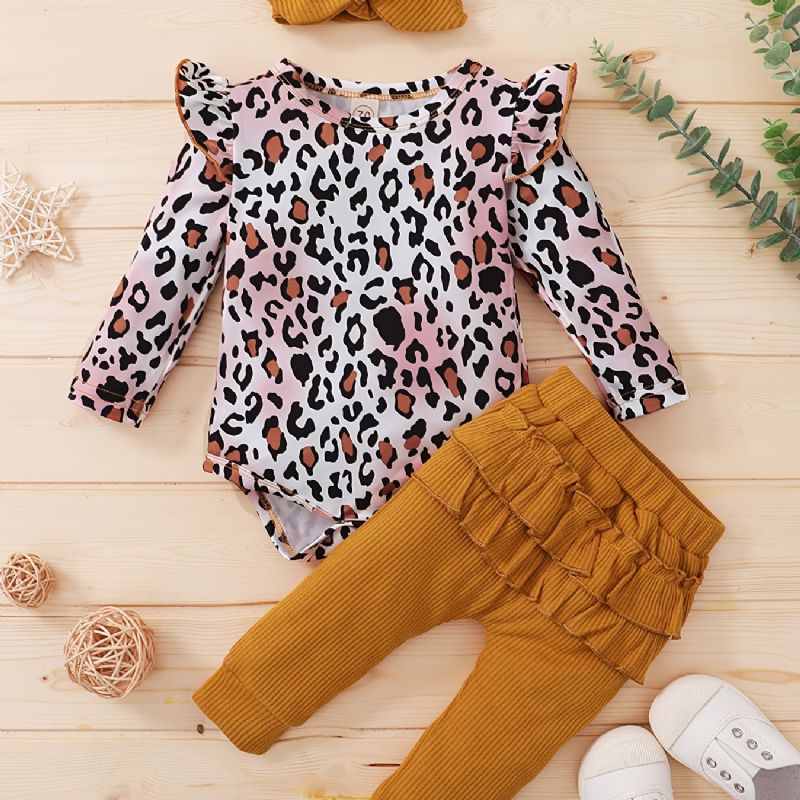 Baby Jenter Leopard Print Romper & Solide Bukser & Pannebåndsett Babyklær