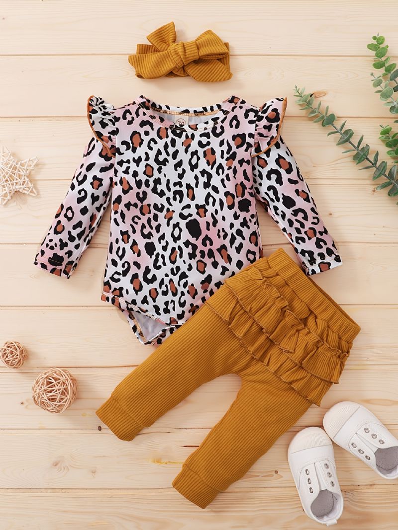 Baby Jenter Leopard Print Romper & Solide Bukser & Pannebåndsett Babyklær