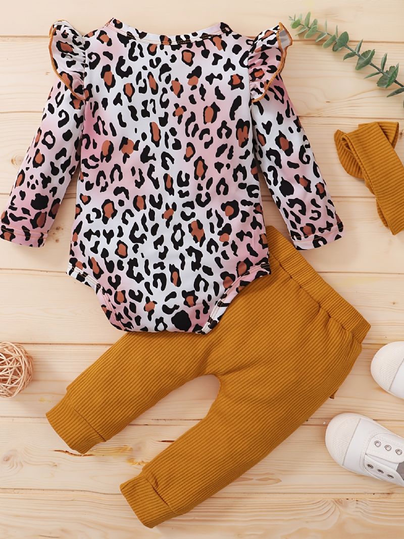 Baby Jenter Leopard Print Romper & Solide Bukser & Pannebåndsett Babyklær