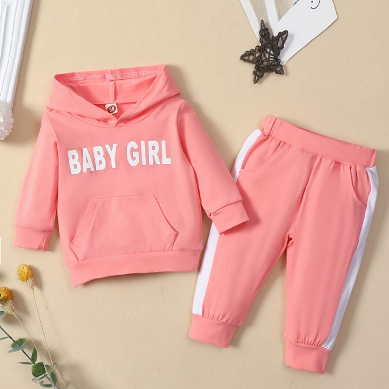 Baby Jenter Letter Print Hettegenser Sweatshirt & Buksesett