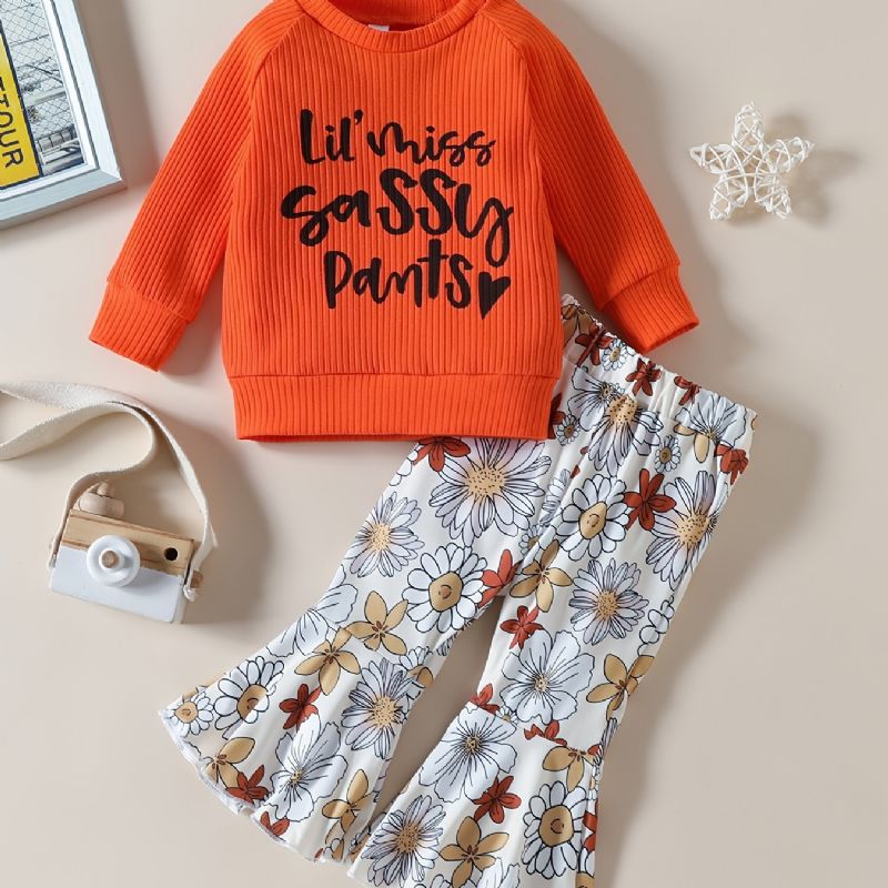 Baby Jenter Letter Print Langermet Topp & Flower Flare Leg Bukser Set