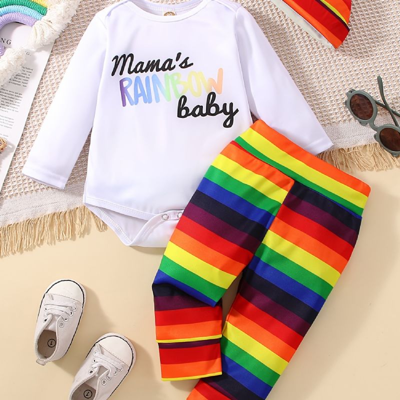 Baby Jenter Mamas Rainbow Babybody Og Regnbuestripete Bukser Og Hattesett Nyfødt Babysett