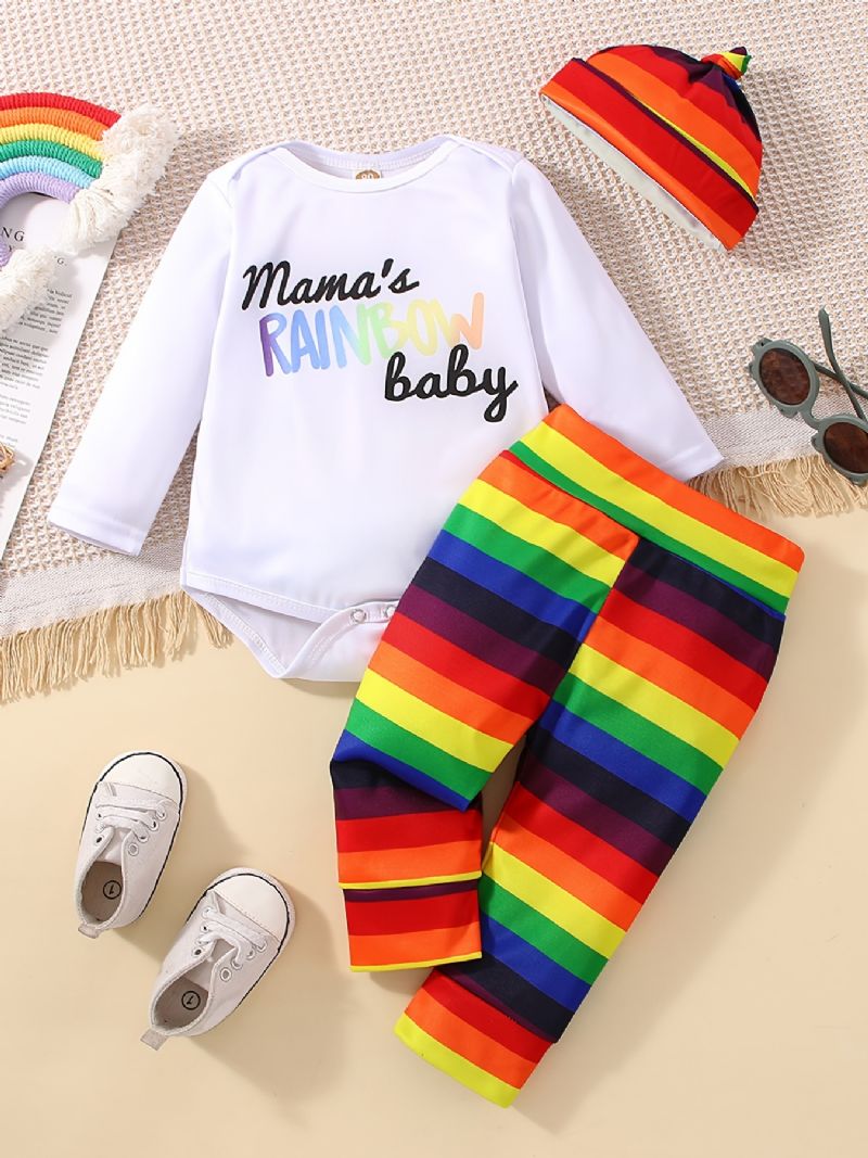 Baby Jenter Mamas Rainbow Babybody Og Regnbuestripete Bukser Og Hattesett Nyfødt Babysett