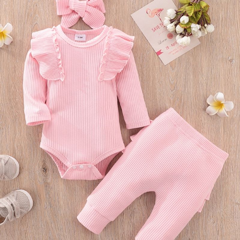 Baby Jenter Newborn Jumpsuit Ruffle Langermet Toppbukse Pannebånd 3stk Sett