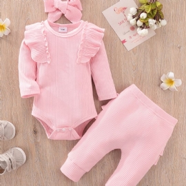 Baby Jenter Newborn Jumpsuit Ruffle Langermet Toppbukse Pannebånd 3stk Sett