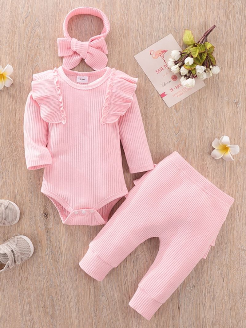 Baby Jenter Newborn Jumpsuit Ruffle Langermet Toppbukse Pannebånd 3stk Sett