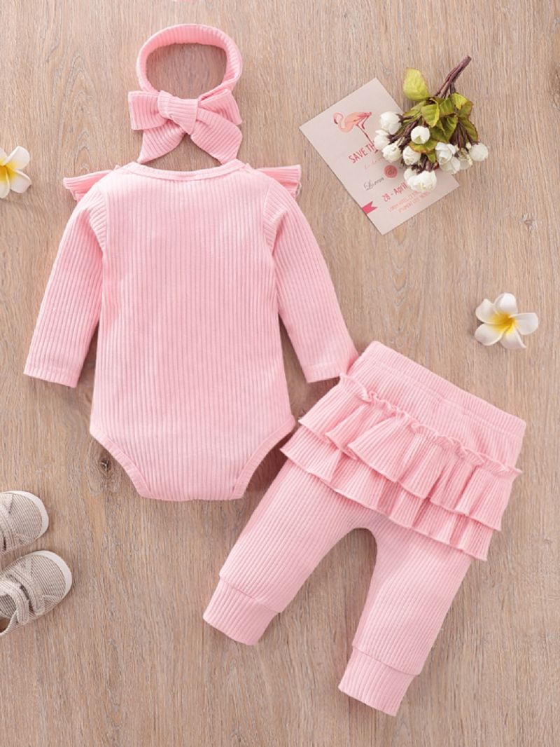 Baby Jenter Newborn Jumpsuit Ruffle Langermet Toppbukse Pannebånd 3stk Sett