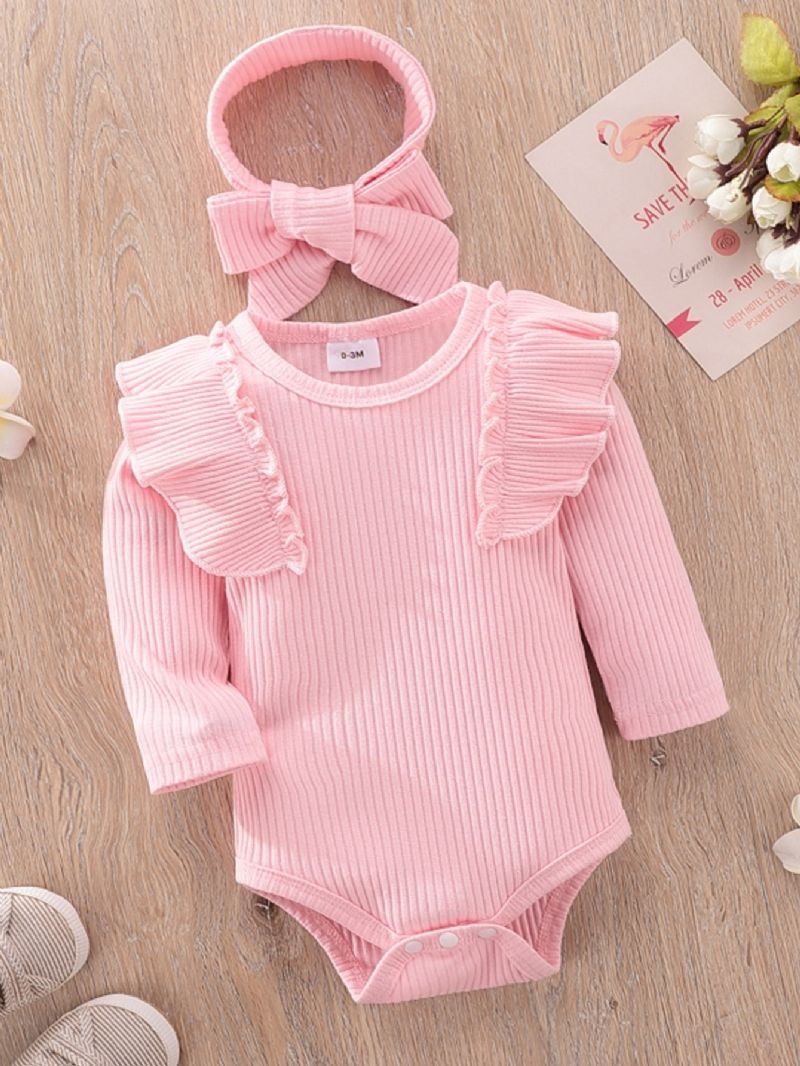 Baby Jenter Newborn Jumpsuit Ruffle Langermet Toppbukse Pannebånd 3stk Sett