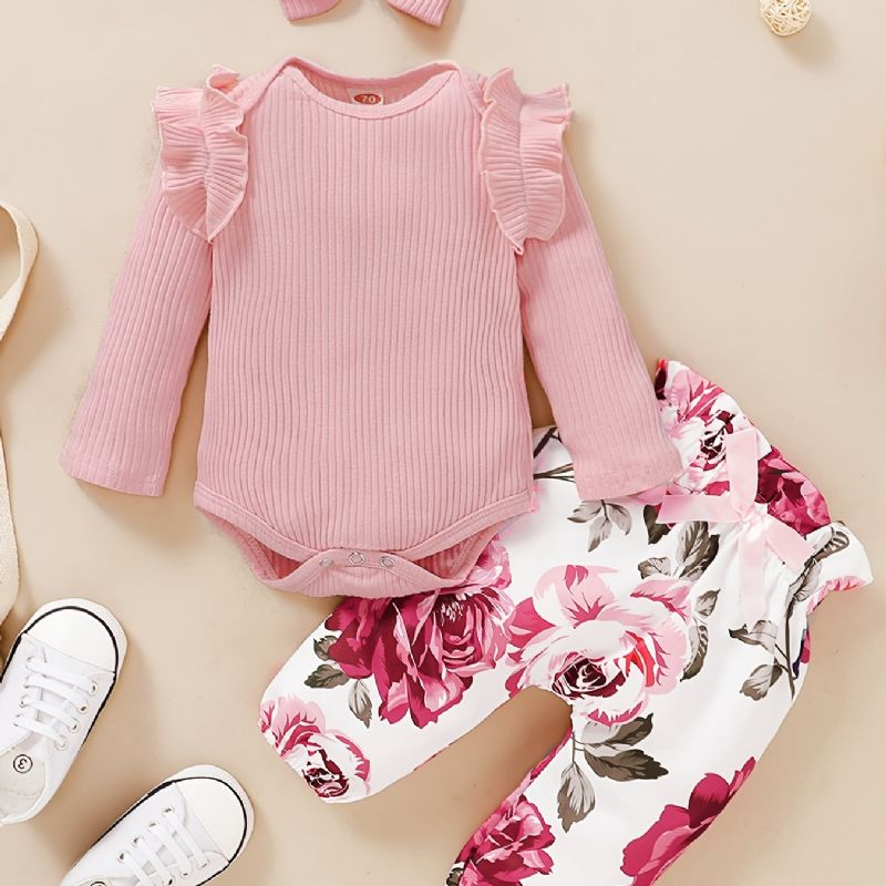 Baby Jenter Outfit Set Langermet Ripped Body & Floral Print & Pannebånd