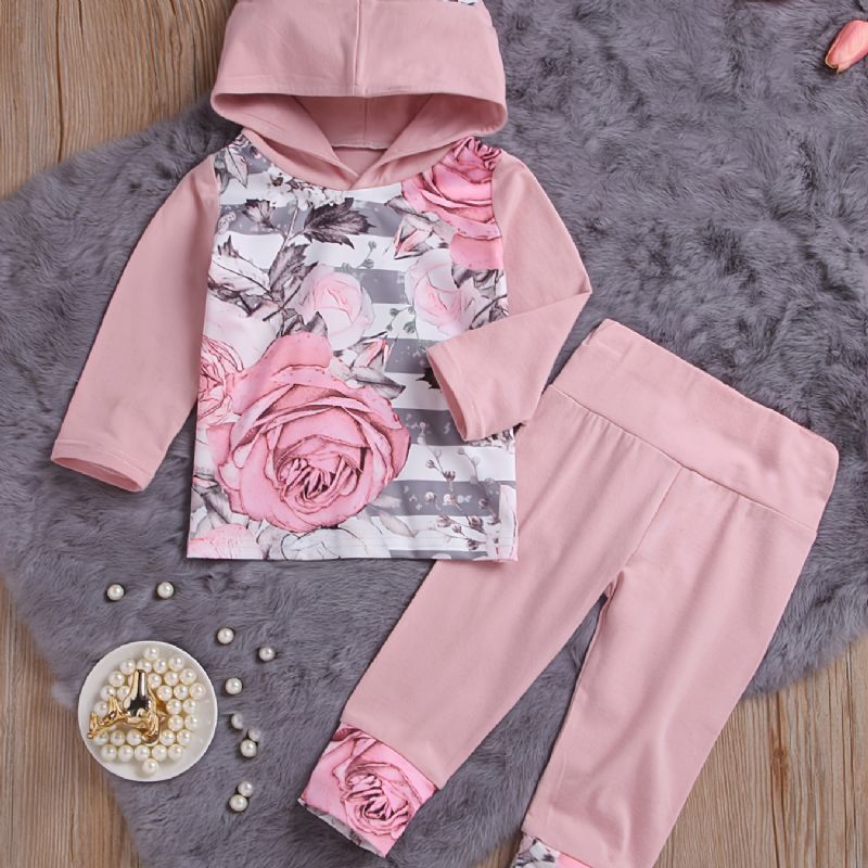 Baby Jenter Pink Ear Hettegenser Blomstertrykk Langermet Sweatshirt Og Buksesett Småbarnsklær