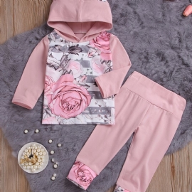 Baby Jenter Pink Ear Hettegenser Blomstertrykk Langermet Sweatshirt Og Buksesett Småbarnsklær