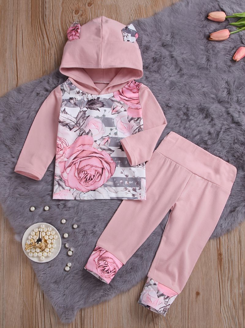 Baby Jenter Pink Ear Hettegenser Blomstertrykk Langermet Sweatshirt Og Buksesett Småbarnsklær